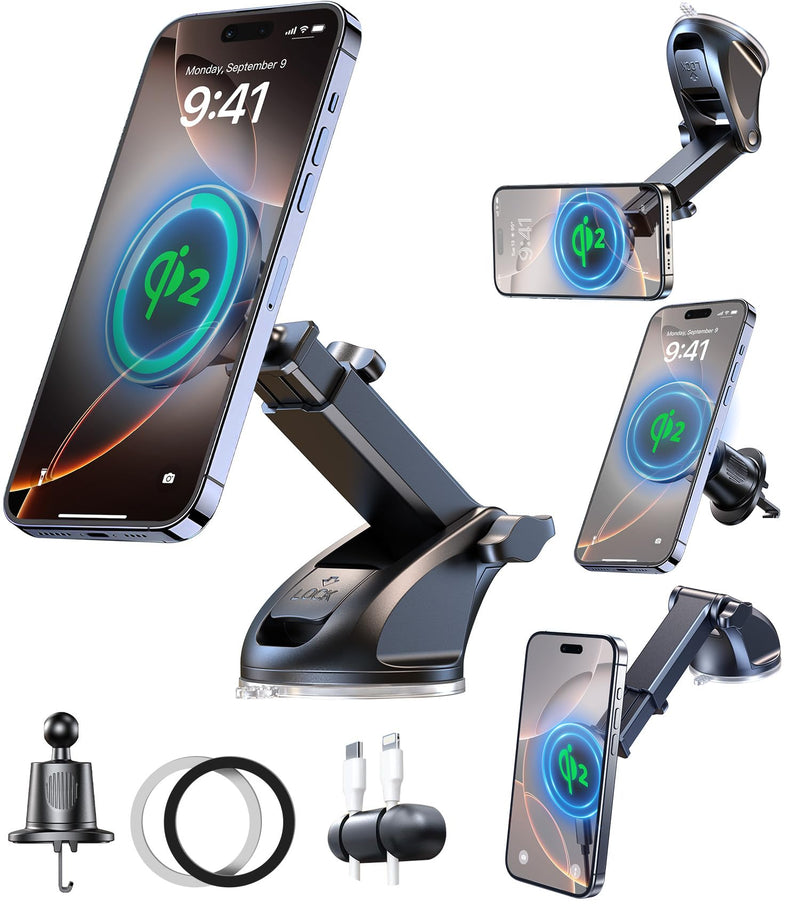 【Qi2 Certified・90LBS Vacuum Magnetic Suction】 15W Fast Wireless Car Charger Mount for Magsafe, 360° Adjustable Arm, Dashboard/Windshield/Vent Phone Holder+Cable Organaizer for iPhone 17/16/15 Pro Max C-DashVentWindshield+Qi2Charger