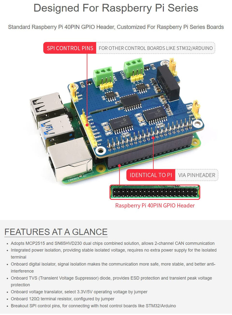 Waveshare 2-Channel Isolated CAN Expansion Hat for Raspberry Pi with MCP2515 + SN65HVD230 Dual Chips Solution and Multi Onboard Protection Circuits