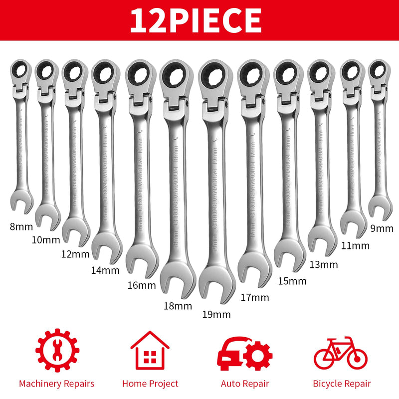 WISEUP 12Pcs Ratchet Wrench, CR-V Chrome-vanadium Steel 8-19mm Wrench, 180 ° Adjustable Combination Wrenches, Double-end Ratchet Wrench, Anti-slip Rust-proof, Labor-saving Tools 12 pcs set