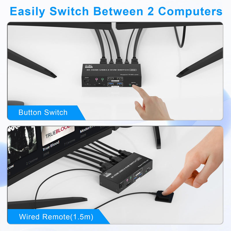 8K HDMI KVM Switch 2 Monitors 2 Computers Dual Monitor Support 8K@60Hz 4K@120Hz KVM Switcher for 2 Computers Share 2 Monitor, 4 USB Devices, Audio Microphone and SD TF Card, DC 12V &Wired Controller Black