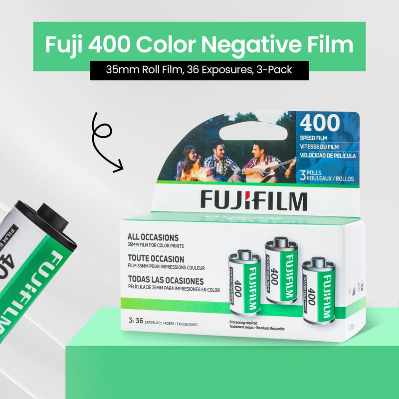 FUJIFILM 400 Color Negative Film (35mm Roll Film, 36 Exposures, 3-Pack) + BluebirdSales Microfiber Cleaning Cloth 400 Speed Film