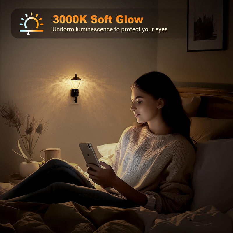 JandCase 2 Pack Night Lights Plug into Wall, 3000K Soft White, Dusk to Dawn Sensor, 0-100LM Dimmable Industrial Night Light, for Bedroom, Bathroom, Living Room, Hallway Black