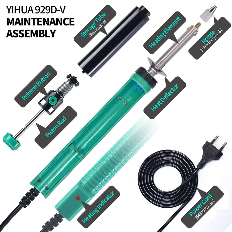 YIHUA 929D-V Electric Vacuum Desoldering Iron Soldering Iron Sucker Desoldering Pump with Shorter Charging Handle and Desoldering Nozzles 1.0mm 1.2mm for Through Hole Soldering (EU PLUG)