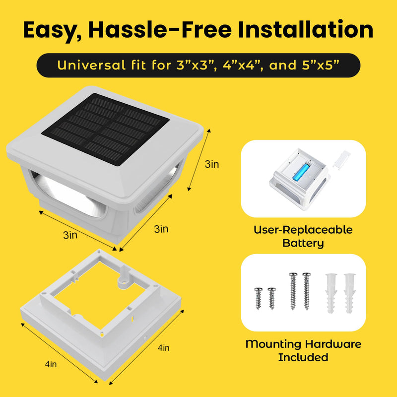 BRIGHTICONIC Solar Post Cap Lights Outdoor for 4x4, 3x3 – Auto On/Off Post Lights Solar Powered – Easy Install, IP65 Waterproof Deck & Fence Lights – Efficient 1500mAh Battery – 120 Lumen, Cool White White / Cool White 6000K - 2
