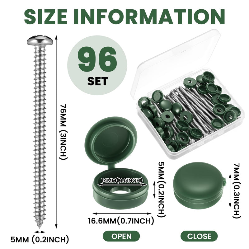 Zhengmy 96 Set Green 3 Inch Shutter Fasteners Shutter Pins Screws and Caps Bulk 304 Metal Stainless Steel Screws with Vinyl Caps for Outside Windows Hardware Railings Furniture