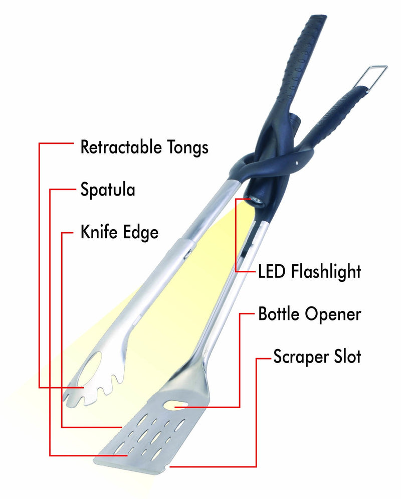 Jokari Pro Grade 6 in 1 Lighted Grill Tool. All in One Cooking Utensil Includes Easy Grip Handle, Spatula, Adjustable Tongs, Knife Blade, Scraper, Bottle Opener and LED Flashlight for Night Grilling. Tool Only