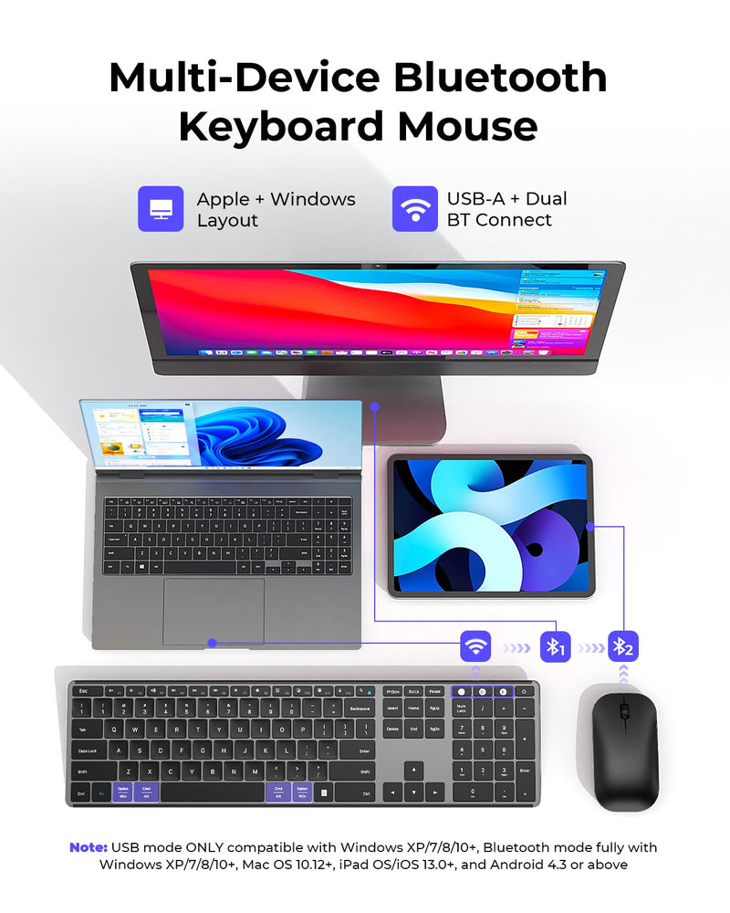 Wireless Bluetooth Keyboard and Mouse Combo (USB + Dual BT), seenda Multi-Device Rechargeable Slim Keyboard and Mouse, Compatible for Win 7/8/10, MacBook Pro/Air, iPad, Tablet - Black Gray