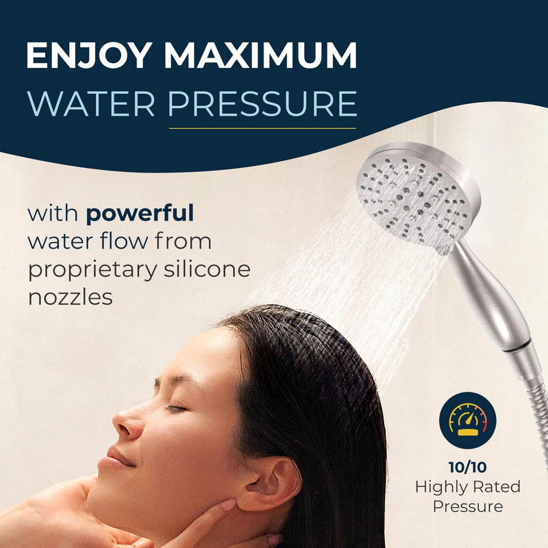 HammerHead Showers® Solid METAL 3-Spray Hand Held Shower Head, Brushed Nickel | Select from Wide, Massage, and Mist Sprays | 1.75 GPM Low Flow Handheld Showerhead | Made from 304 Stainless Steel