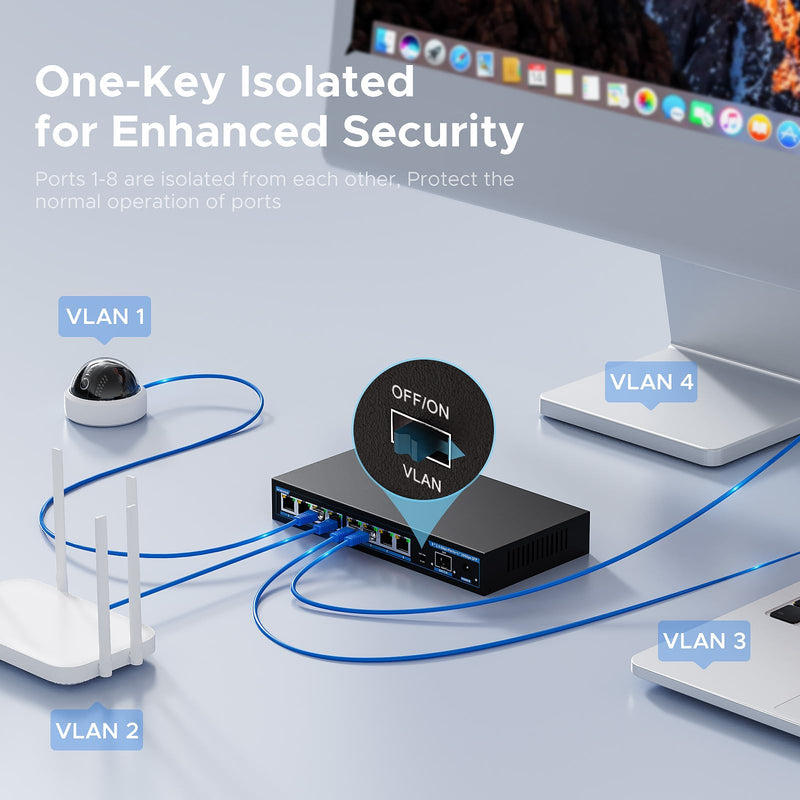 8 Port 2.5G Switch with 1*10G SFP+,TEROW 8 x 2.5Gb Base-T & 1 x 10Gbs SFP+, Vlan, Multi-Speed Network Switch, Compatible with Gigabit & 10Gb, Desktop/Wall Mount, Ideal for AP, NAS, PC,Office 2.5G 8 Port