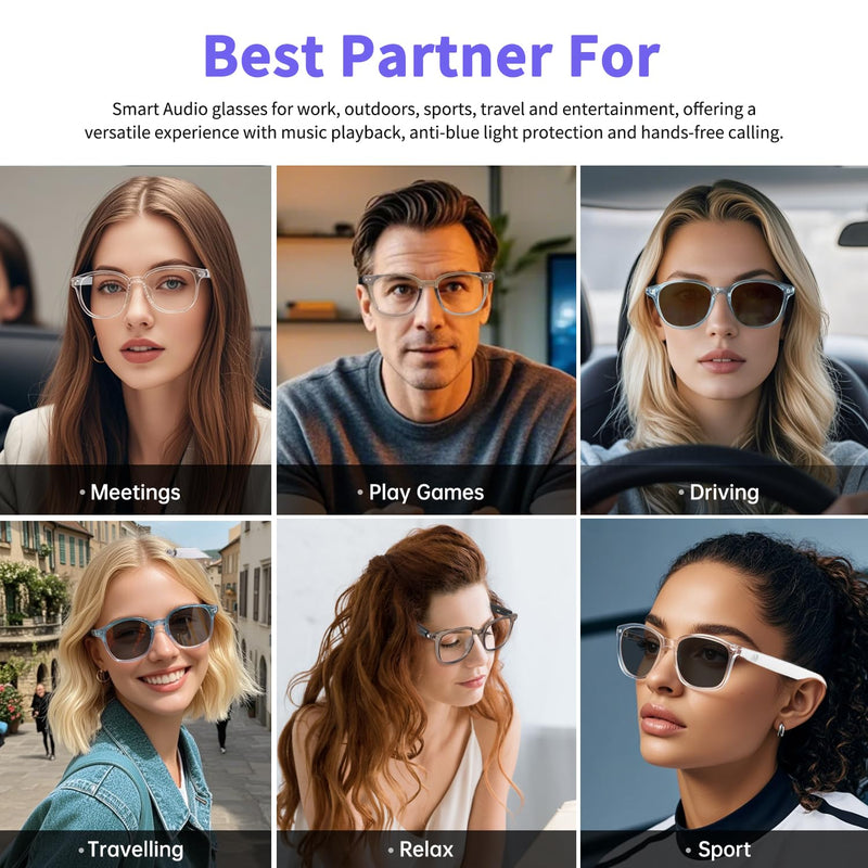 Smart Glasses for Women Men, Bluetooth Glasses with Photochromic Lenses Touch Control Voice Assistant for Clear Audio Remote Photography, Transparent frame and white legs, Perfect for Indoor Outdoor Gs07 Smart Glasses-clear