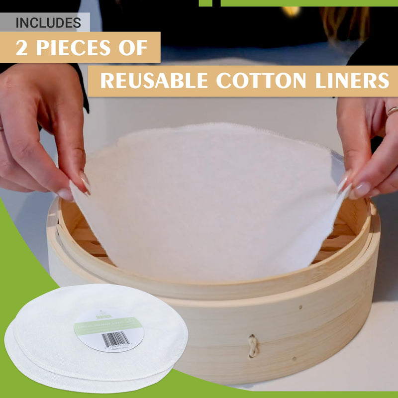 Zoie + Chloe Bamboo Steamer Basket - 2-Tier Dumpling Steamer for Cooking with 2 Reusable Cotton Liners for Bao, Dim Sum, Veggies, Asian Steamed Buns -Stackable, Space-Efficient - 8-Inch Steam Basket 8 INCH