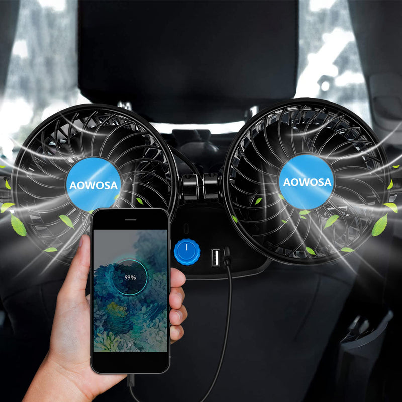 Car Fans 12V Electric Cooling Rear Seat Headrest Vehicle Fan with Cigarette Lighter Plug 2 Speed 2 USB Charging Ports, 360 Degree Adjustable Dual Head Automobile Fan for Truck Van SUV RV Boat Auto Dual Head Back Seat -1