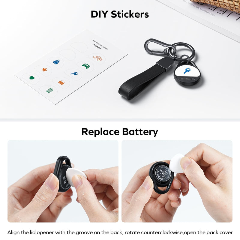 Momax Tracker Electronics Key Finder Luggage Tracker Smart Tag for Key, Backpack, Wallet, Pets Works with Apple Find My (iOS Only) and Global Search Range Include DIY Personalized Stickers Black