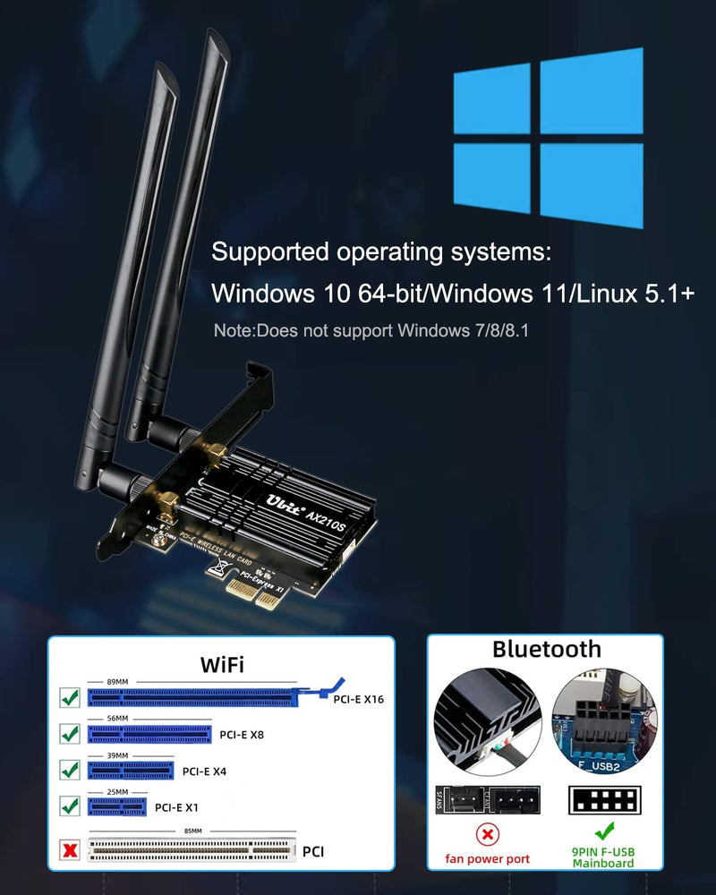 Ubit WiFi Card 6E 5400Mbps for Intel (6GHz&5Ghz&2.4GHz) PCIe WiFi Card, BT 5.2, PCIe Network Card with OFDMA,Ultra-Low Latency, Supports Windows 10/11 (64bit) WiFi 6E Tri-Band(Intel)