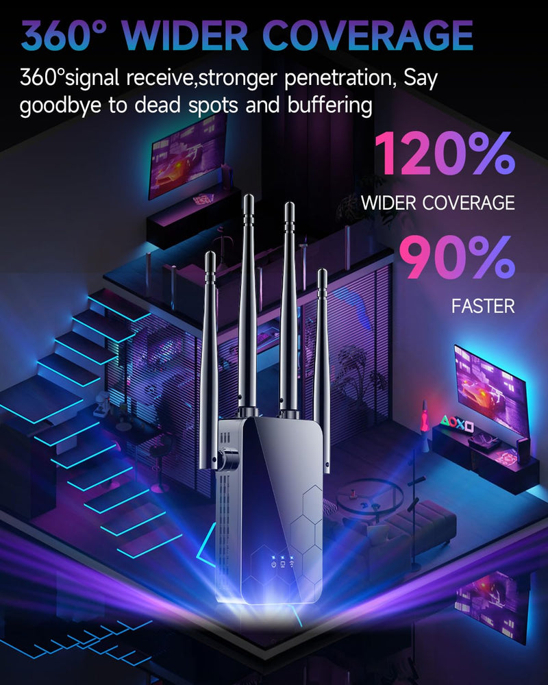 2025 WiFi Extender Internet Booster, 10000 Sq.ft Long Range Repeater Wireless Routers Amplifier, Mesh Wi-Fi 80% Faster | Broader Than Ever, Support More Network Devices at Home, 1-Tap Setup black