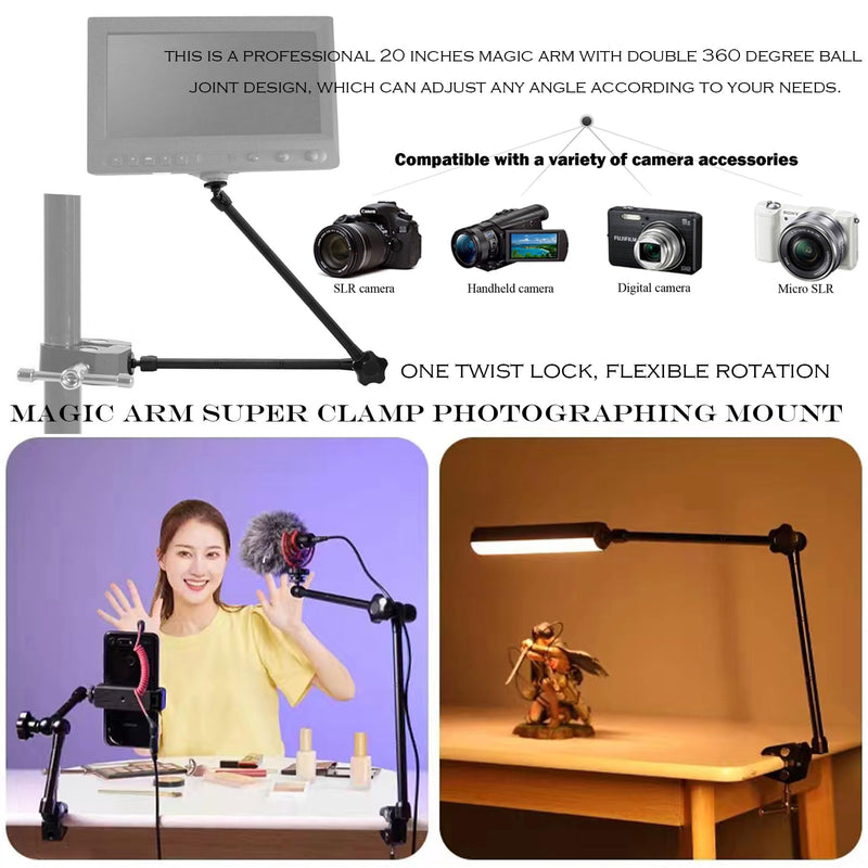 Camera Magic Arm articulating arm- 20 Inch Metal Adjustable Friction Articulated arm with Super Clamp/Phone Clip, for Various Action Camera/DSLR/LCD Monitor/LED Lights/Cell Phone 20 Inch Frosted Black Magic Arm