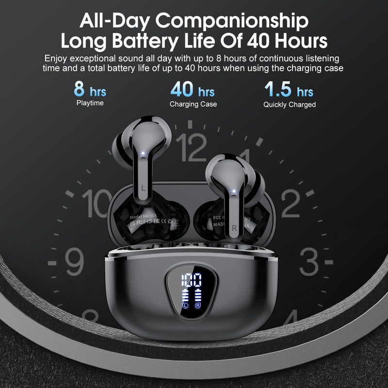 Wireless Earbuds, Bluetooth 5.3 Headphones HiFi Stereo, Bluetooth Earbuds with ENC Noise Cancelling Mic, IP7 Waterproof in Ear Earphones, 48H, LED Display Ear buds for Pad Phones Workout Sports, Black