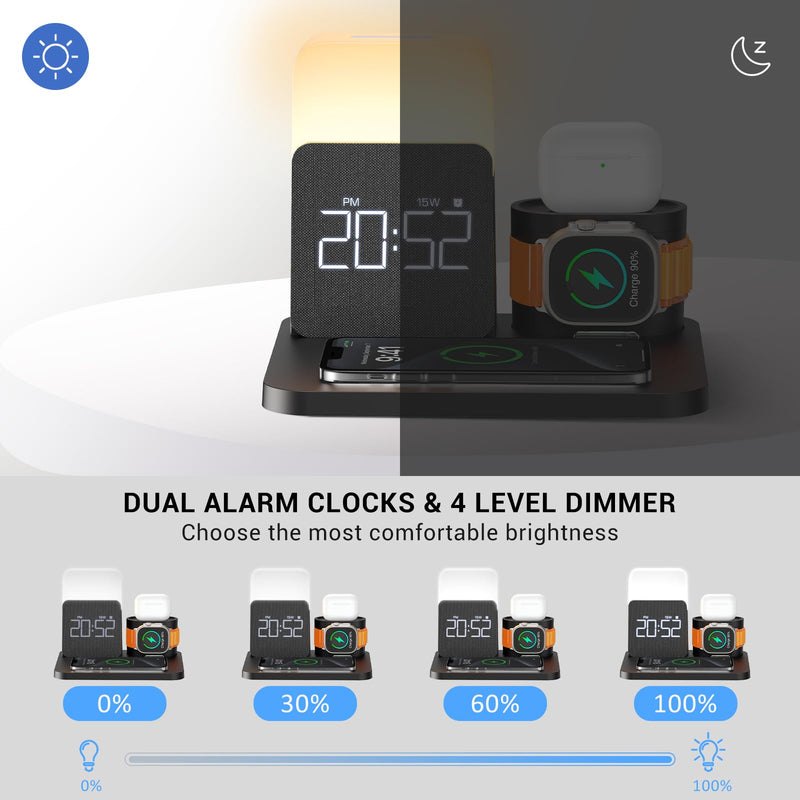 3 in 1 Charging Station for iPhone, Alarm Clock, Night Light, Wireless Charger for iPhone 15 14 13 12 11 X Pro Max & Apple Watch - Charging Stand Dock for AirPods