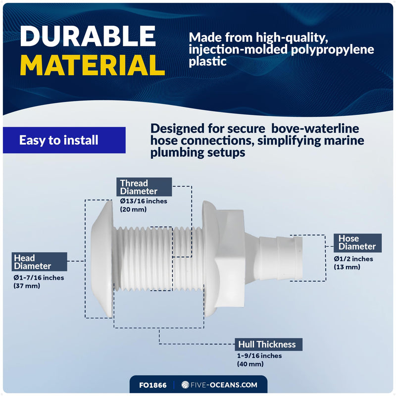 Five Oceans 1/2-Inch Thru-Hull Fittings for Boat, White Injection Molded Polypropylene, Barbed, Resist Harsh Conditions - FO1866 Straight – 1/2" Hose