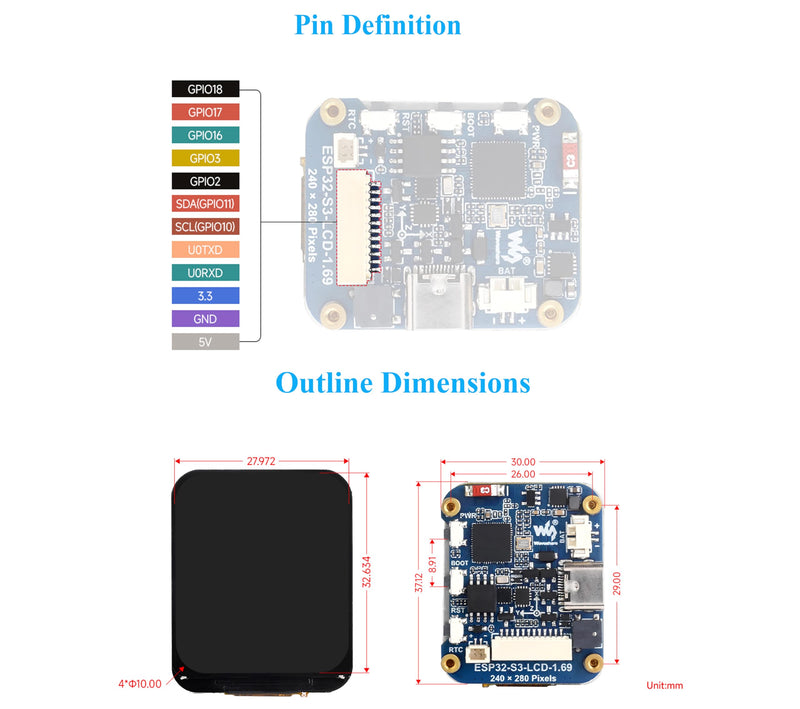ESP32-S3 Development Board with 1.69inch IPS Display 240×280 Pixels 262K LCD,240MHz Dual-Core Processor, Accelerometer and Gyroscope Sensor, Support W-iF-i/Blue-Too th, Suitable for Various Scenarios