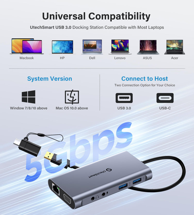UtechSmart USB Docking Station, 11 IN 1 USB C Dock Triple Display, USB 3.0 Laptop Docking Station with Dual HDMI, VGA, PD, Ethernet, SD/TF, USB 3.0, Mic/Audio, Compatible for MacBook M1 Dell HP Lenovo Grey