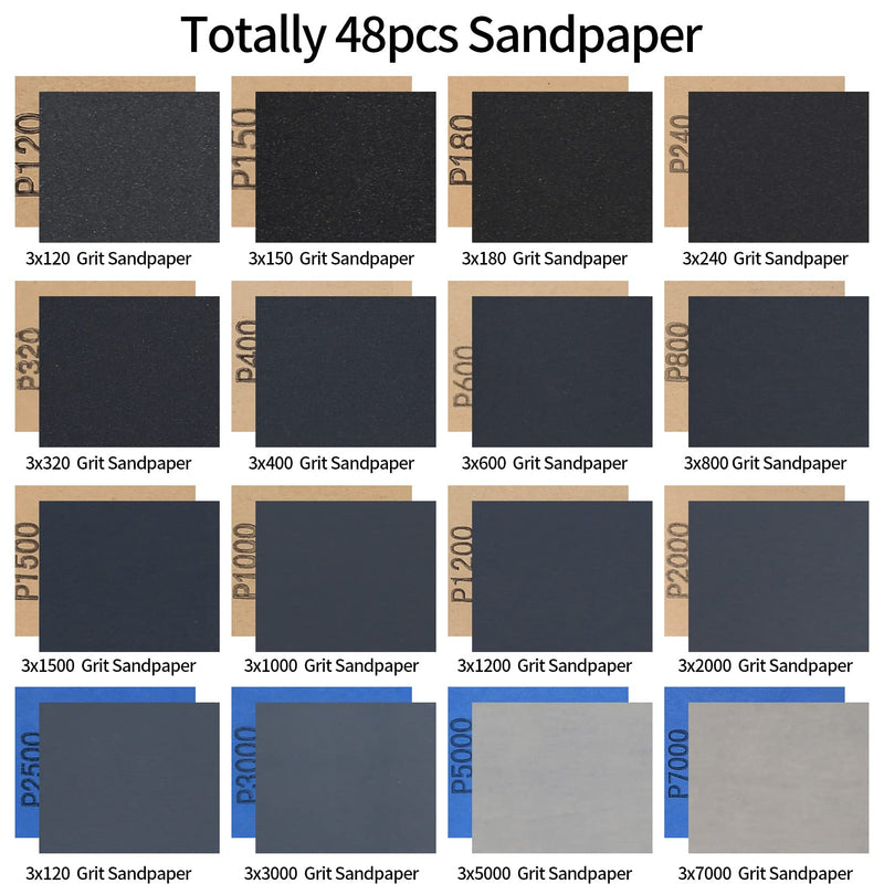 Sandpaper set, 45 pieces grit 120 to 7900 wet and dry sandpaper, sandpaper for polishing and sanding for cars, wooden furniture, stone, paint, metal, glass - 22.9 x 9.9 cm