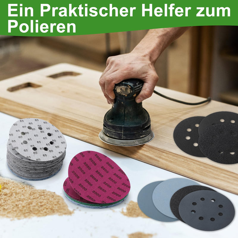 71 Stück Schleifpapier 125mm Klett Set, Trockene und Nasse Schleifscheiben | Körnungen 60/150/240/400/800/1000/1500/2000/3000/5000 Schleifpapier,für Die Verwendung An Automobilen, Metall und Holz