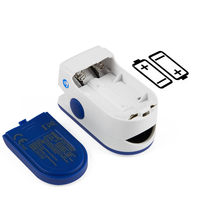 Pulse oximeter Pulox PO-200A with alarm, pulse tone and accessory set for measuring SpO2, pulse and PI - blue