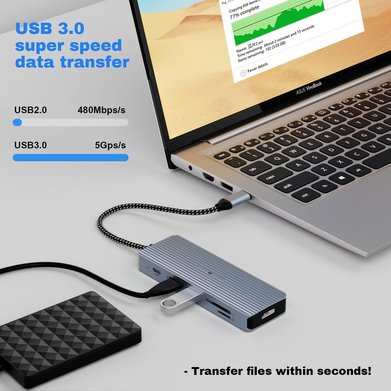 TOTU Docking Station, USB C Hub Adapter with 4K HDMI, USB C Hub, 2* USB3.0 Type-A, USB C Data Transfer Port, 2* USB 2.0 Type-A, SD/TF, USB C PD, 3.5mm Stereo Jack for Windows