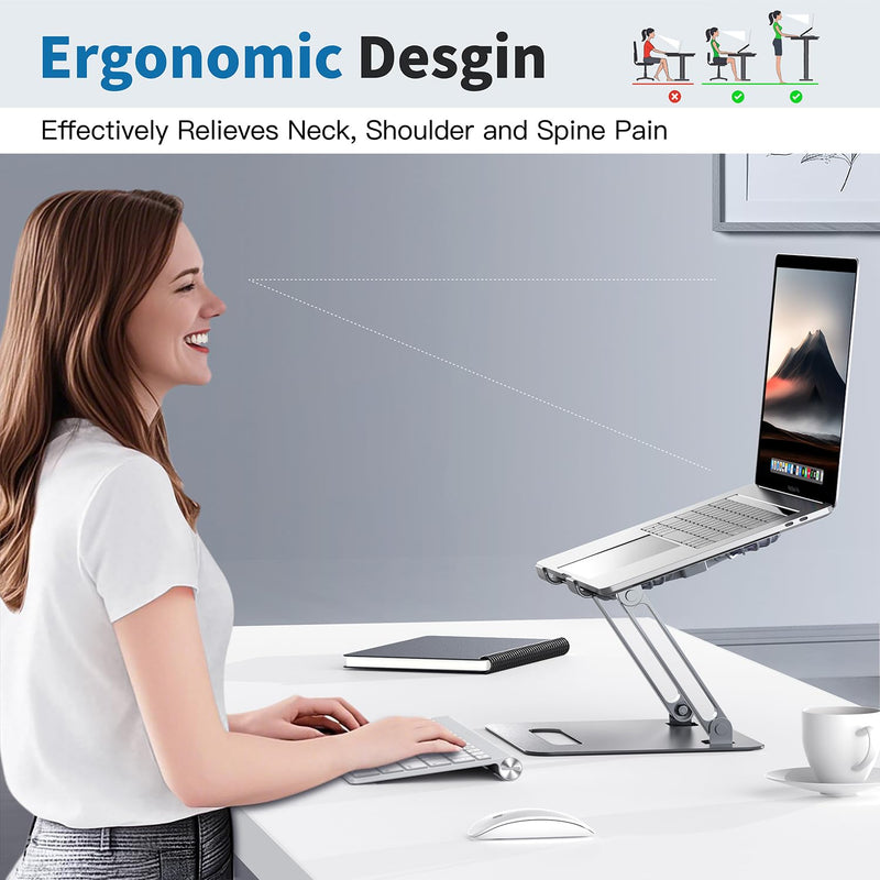 Adjustable Laptop Cooling Stand with 2 Quiet Fans & RGB Lighting, Aluminum Alloy & Foldable Ergonomic Design for MacBook, Lenovo, ASUS, Dell 10-16 Inch, Perfect for Gaming, DJ, Office - Gray