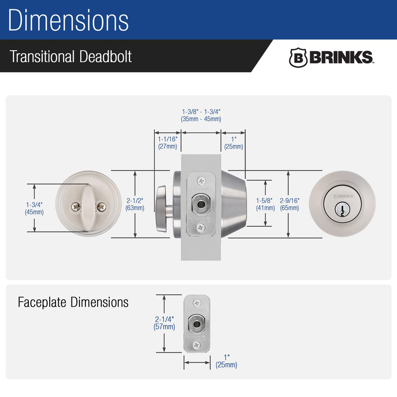 BRINKS Transitional Single Cylinder Deadbolt Lock, Door Lock Built for Residential Protection ANSI Grade 2 Security, Satin Nickel 1 Pack Front Door Deadbolt