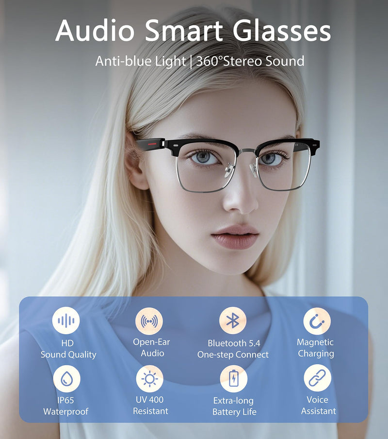 Smart Glasses for Men & Women, Built-in Mic & Speakers Bluetooth Audio Glasses, Blue Light Filter & Polarized UV 400 Protection Lenses Open-Ear Bluetooth Sunglasses for Android iOS, Half Frame Half Frame Clear Lenses Black