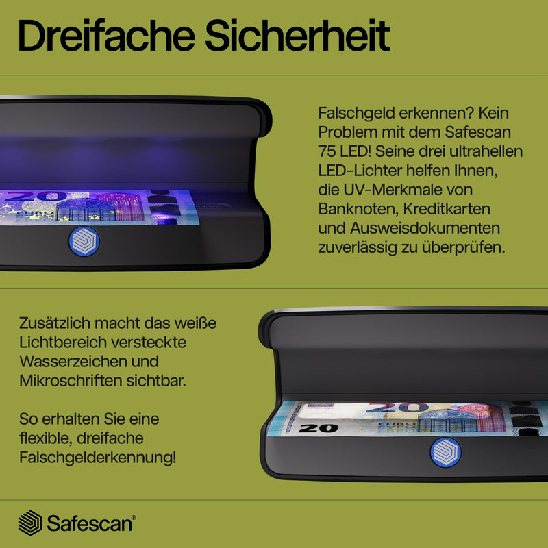 Safescan 75 LED UV Banknote Checker, Counterfeit Money Checker for Banknotes | UV & White Light Money Checker - Quick Checking of Banknotes - UV Note Checker - Checks Credit Cards & ID Cards Safescan 75 LED Money Checker