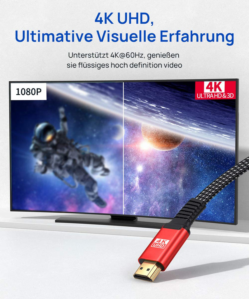 JSAUX 4K HDMI Cable 3Meter [4K@60Hz,HDMI 2.0,18Gbps] 4K Flat HDMI 2.0 Cable High Speed 3M HDMI Nylon Braided Cable Support 4K 3D HDR UHD 2160p 1080p Ethernet ARC PS3/4 TV PC Red 1 piece