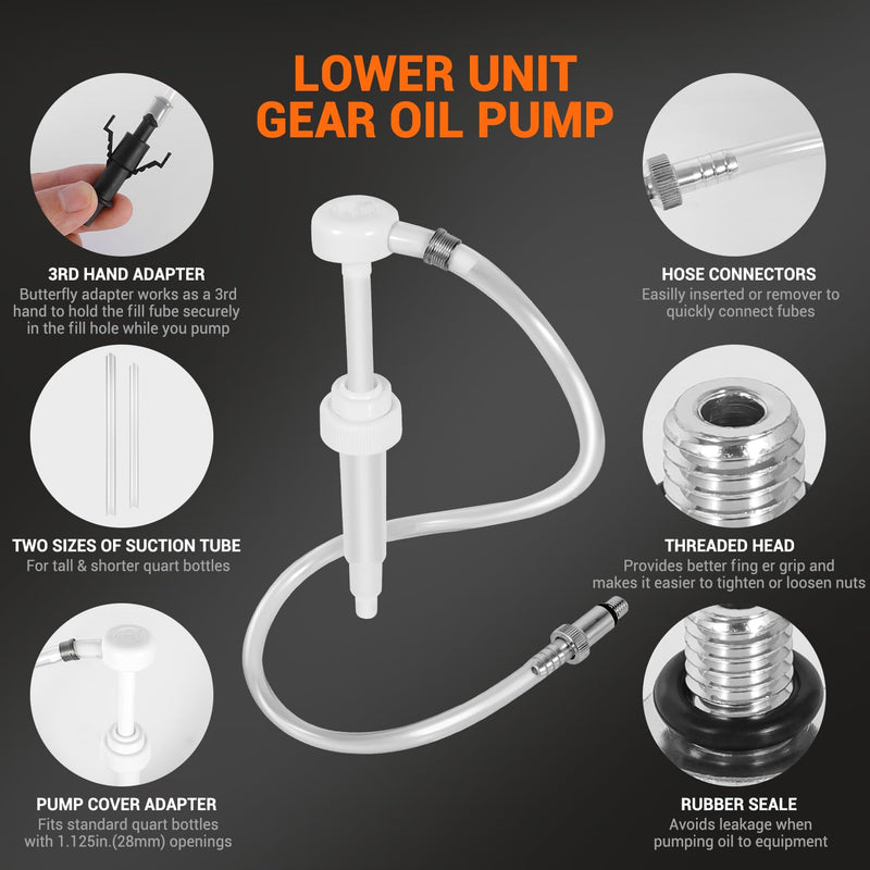 Lower Unit Gear Oil Pump for Standard Quart Bottles - 10cc Per Pump Stroke, Transmission Fluid Pump Includes 3/8 inch Metal Swivel, 8mm and 10mm, 3rd Hand Adapter