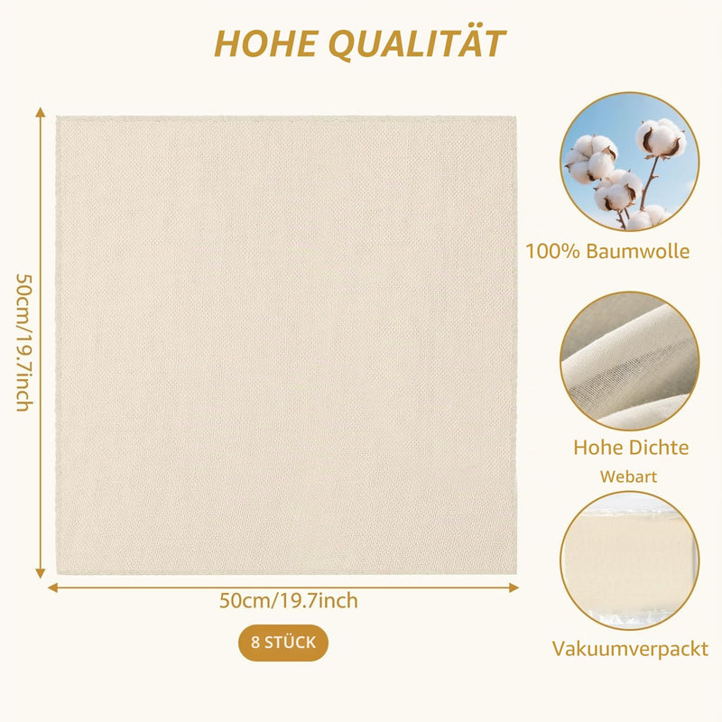 Pack of 8 Straining Cloth 50 x 50 cm - Washable Cheese Cloth, Fine Gauze Cloth for Filtering Juice, Cheese, Tea, Nut Milk, Soup, Yoghurt & Tofu - Reusable Straining Cloth for Kitchen & Household