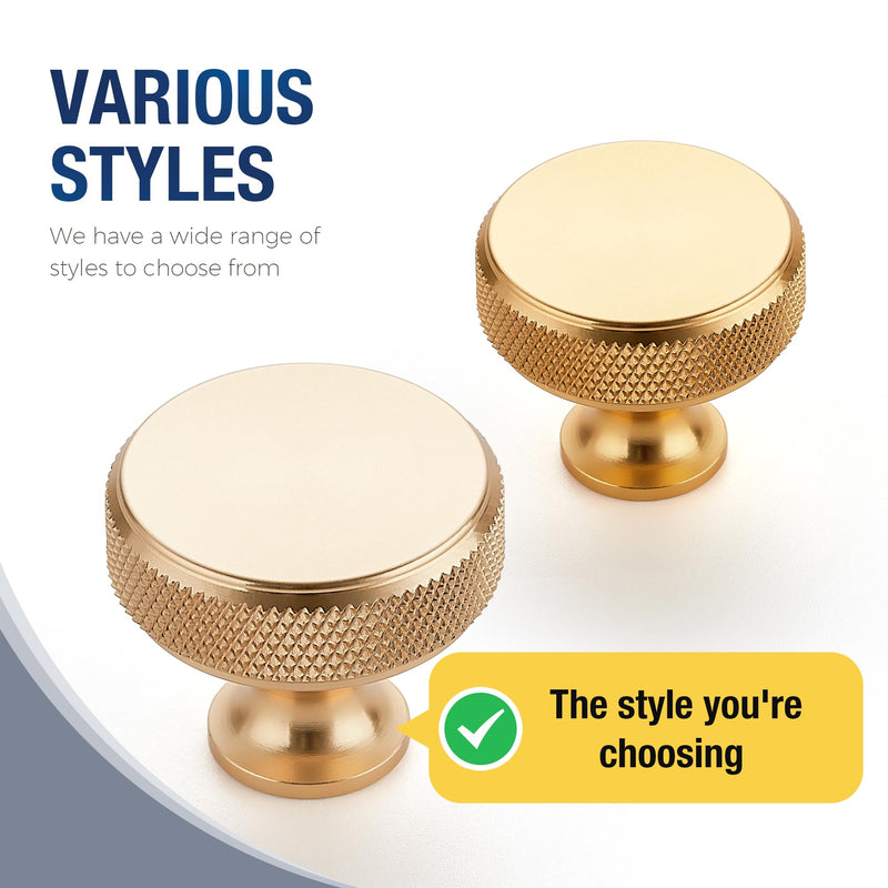 JOY DECOR 20 Pack Brushed Gold Kitchen Cabinet Hardware Knobs Round Solid Knurled Handles Single Hole Drawer Knobs for Cabinet Furniture Brass Dresser Pulls