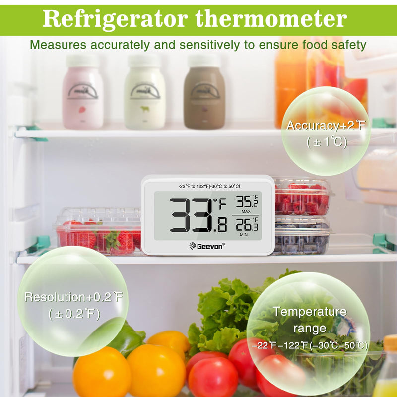 Geevon 4 Pack Refrigerator Thermometer Digital Fridge Thermometer IP65 Waterproof with Large LCD Display,Max/Min Record Function,Magnetic Back,for Fridge,Freezer Scenarios White-4Pack