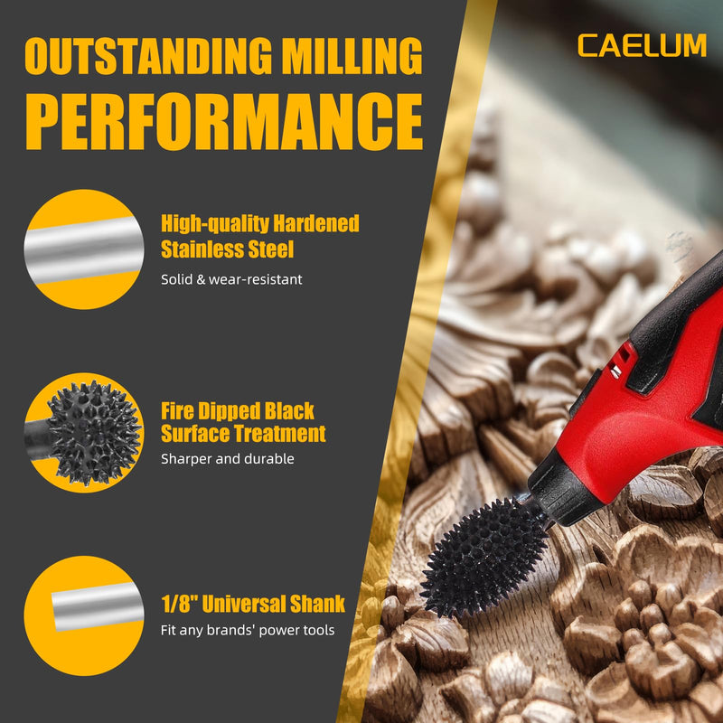 CAELUM Carbide Rotary Burr Kit, 3-Piece Wood Carving Burr Set, 1/8" Shaft Very Coarse Burrs for Fast Material Removal, Sphere Flame Taper Bits for Dremel, DeWalt Rotary Tools, Wood Rubber Plastic 3PcsFlame, Sphere, Taper