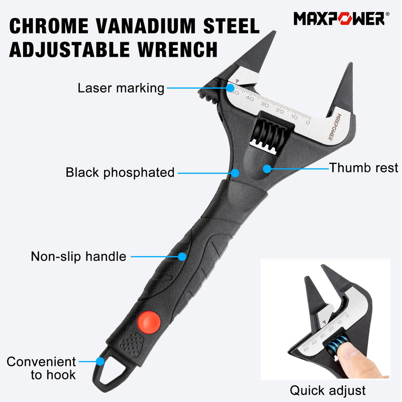 MAXPOWER Slim Adjustable Wrench Set, 6" & 10" Wide Jaw Opening, Dual Scale With Metric and SAE Plumbing Wrenches, Deep Jaw With Soft Grip Handle 6" 10"