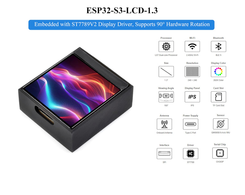ESP32-S3 with1.3inch Display Development Board, Onboard 1.3inch IPS LCD 262K Color, 240x240 Pixels, Built-in ST7789V2 Chip and 6-Axis IMU, RGB LCD, SPI, Supports 90° Hardware Rotation (with Case)
