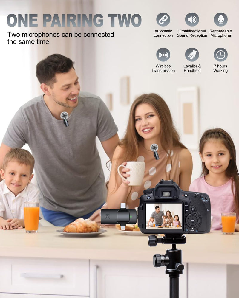 PQRQP 3 in 1 Professional Wireless Lavalier Microphone for iPhone, Android, Camera, Wireless Mini Microphones, Crystal Clear Sound Quality for Recording, Live Streaming, YouTube, TikTok, Elegant Black