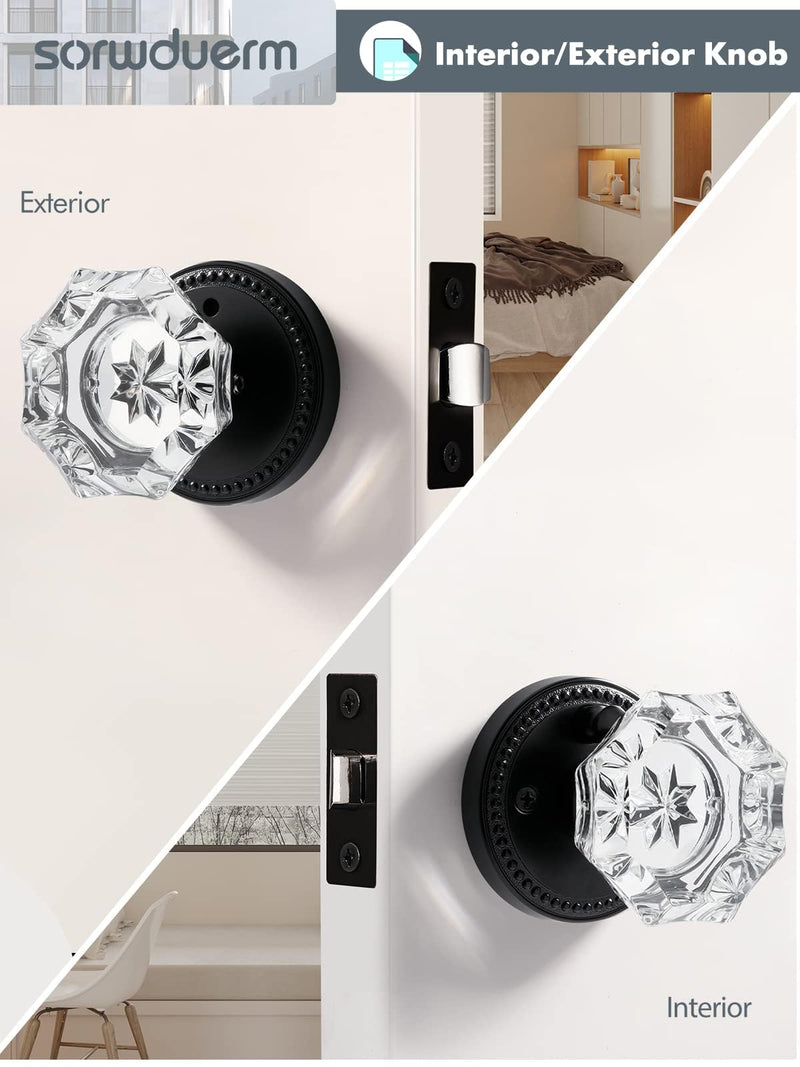Black Door Knobs Crystal Door Knob Interior Privacy Glass Door Knob for Bedroom and Bathroom,Zinc Alloy Matte Black 1 Pack Black-Privacy