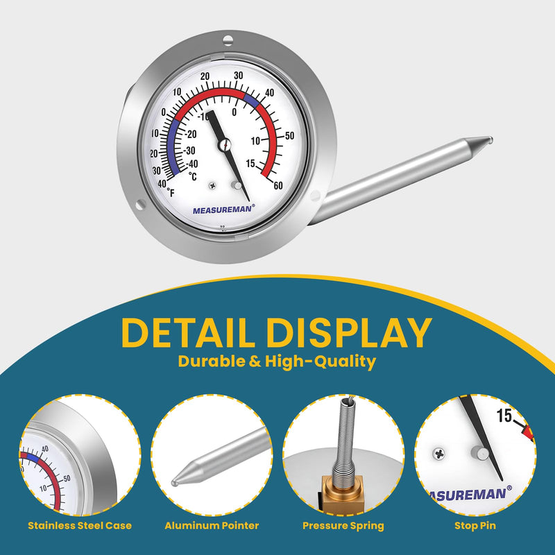 MEASUREMAN Vapor Capillary Flanged Panel Mount Refrigeration Thermometer, 2.5" Dial, 48" Capillary, -40-60 deg F/-40-15 deg C, Re-Calibration Available -40-60 deg F/-40-15 deg C (2.5" Dial)