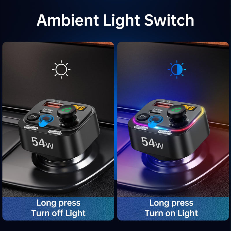 Syncwire Bluetooth 5.4 FM Transmitter Car Adapter 54W (PD 36W & 18W) [Stronger Dual Mics] [Light Switch] [HiFi Bass Sound] [Fast Charging] Wireless Radio Receiver Hands-Free Calling LED Display Black