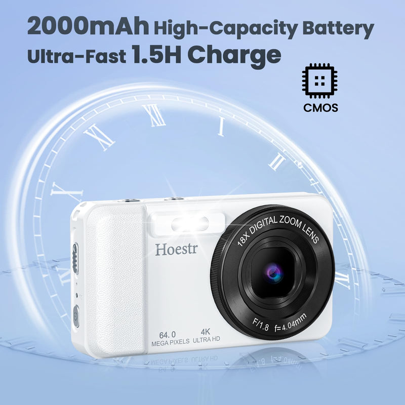 64MP 4K Digital Camera, Hoestr 18X Zoom Autofocus Point and Shoot Compact Camera with 64GB TF Card, Flash, 2.8" LCD Screen for Teens Adult Beginner Travel Photography Vlogging（White） White