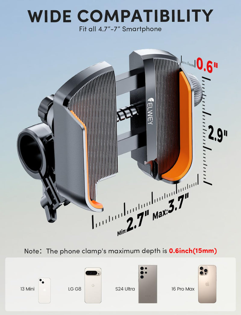 Phone Holder for Bike Handlebar, Motorcycle Mounts for Smartphone [Camera Friendly] Electric Bicycle Scooter Phone Clip Rotatable ebike Stand Clamp Compatible with iPhone Samsung Galaxy