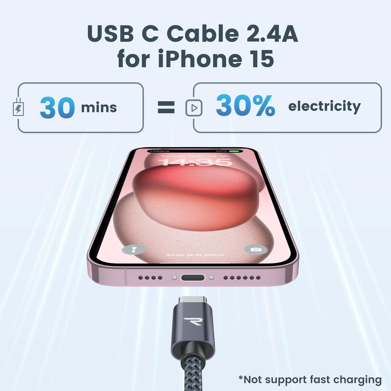 USB C cable RAMPOW, iPhone 15 charging cable, 3A fast charging cable USB C USB 3.0 & QC 3.0, charging cable USB C, data cable USB-C for iPhone 15/15 Pro, Samsung Galaxy S22/S21/S20/Note10-1M/Grey, Nylon 1M Gray