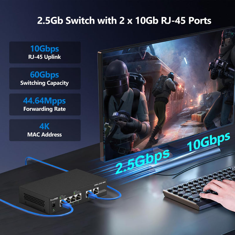 6-Port 10Gb Web Managed Ethernet Network Switch | 2 x 10Gb RJ-45 Ports | 4 x 2.5Gb Base-T Ports | Multi Gigabit Switch 10-100-1000Mbps | 60G Bandwidth | Fanless Metal Internet Switch 2 x 10Gb RJ45 | 5 x 2.5Gb Base-T Managed