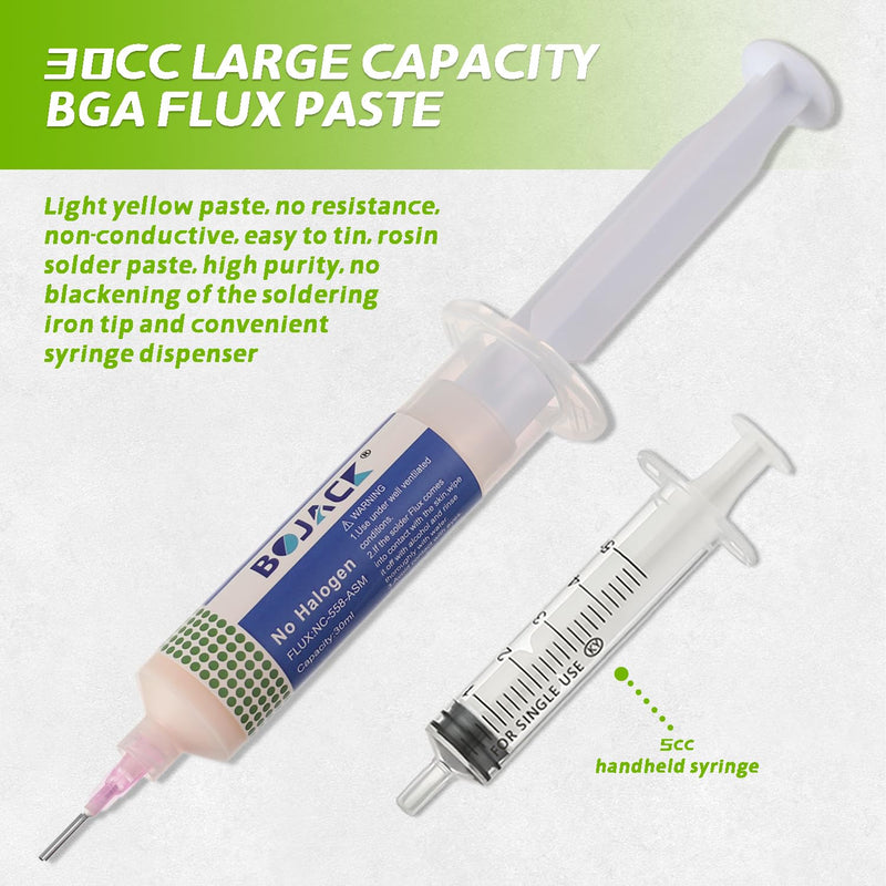 BOJACK 30ML Lead-Free Solder Flux Syringe Solder Flux Paste with 2 Dosing Tools and Push Rod Syringe for LED SMD PCB BGA Electronic Soldering (1.62 oz/46 g)